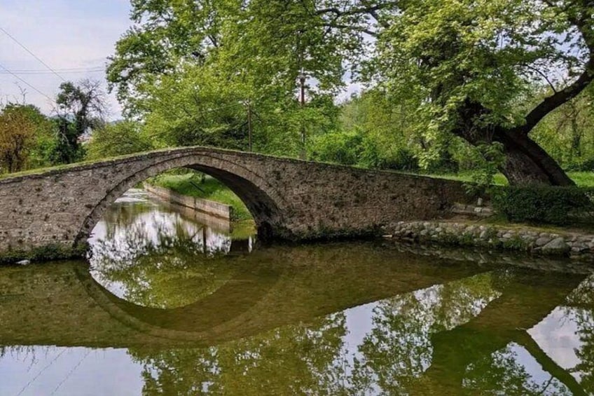 A stone bridge over a calm river, surrounded by lush greenery and trees. 2