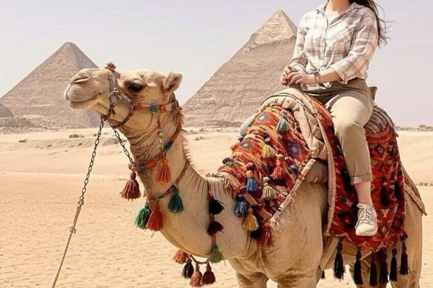 A camel with a rider in a desert landscape with pyramids in the background. 4