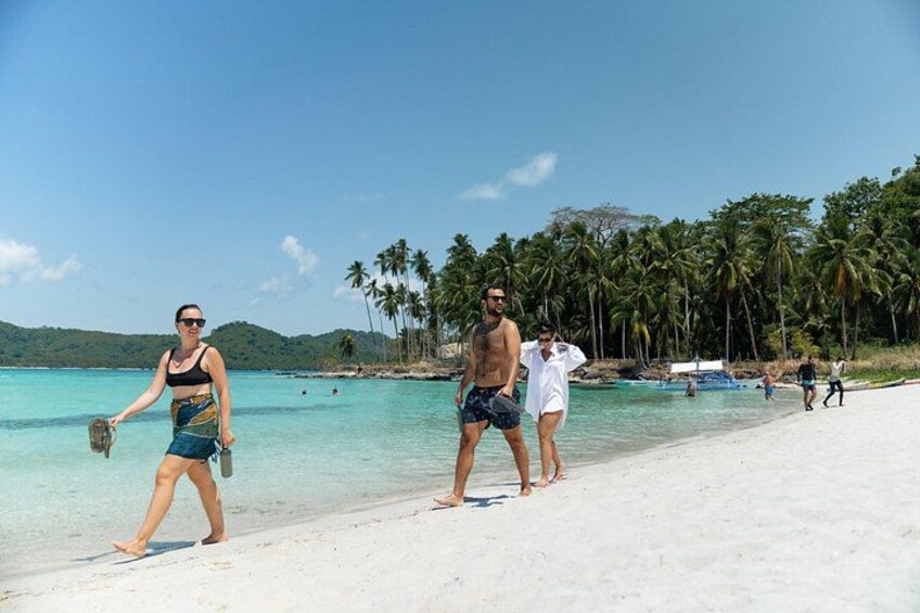 A beach with people walking, palm trees, and clear water. 5