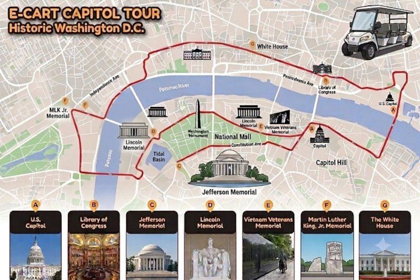 A map of the E-CART Capitol Tour in Washington D.C., highlighting landmarks like the White House, U.S. Capitol, and Lincoln Memorial. 4
