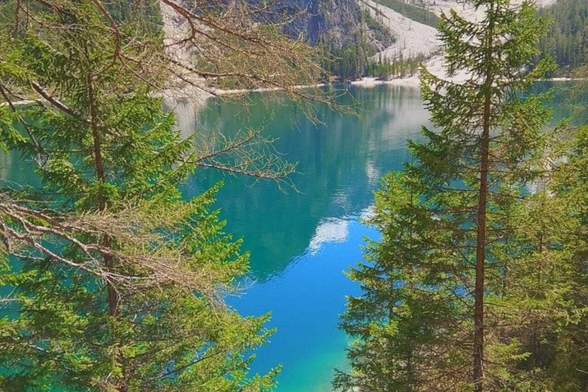 Un lago blu e limpido circondato da alberi e montagne. 4