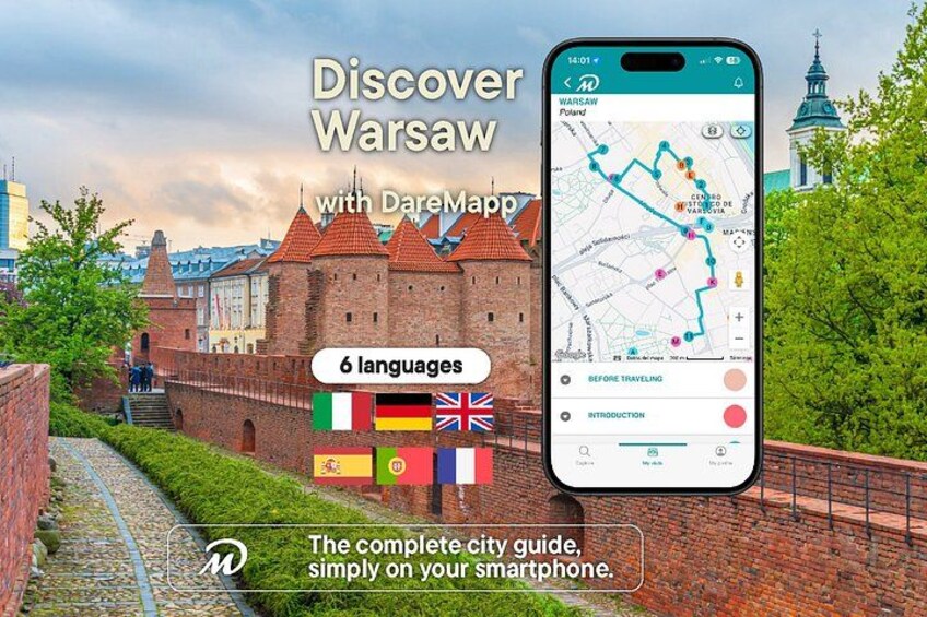A smartphone displaying a map with a route marked in red, a castle-like building, and flags representing different languages. 1