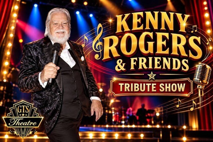 A man in a black suit holding a microphone on a stage with a sign that reads 'Kenny Rogers & Friends Tribute Show'. 2