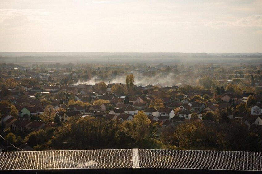 A residential area with houses, trees, and a distant view of a flat landscape. 2