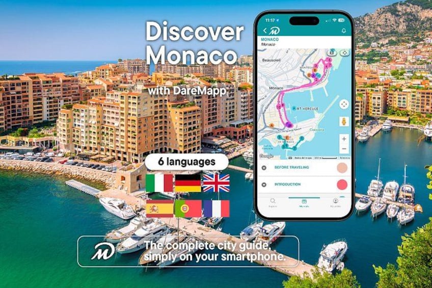 Un teléfono inteligente mostrando un mapa de Mónaco, rodeado por un pintoresco paseo marítimo con edificios y barcos. 1
