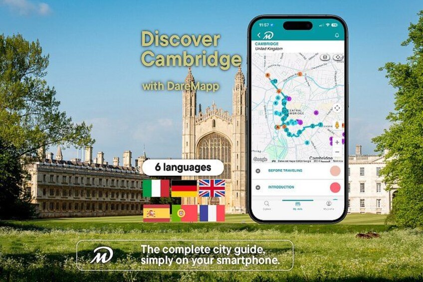 A smartphone displaying a map with various points of interest and a historic building in the background. 1