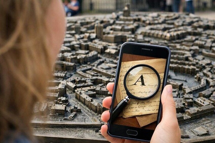 A person holding a smartphone with a magnifying glass on the screen, focusing on a letter 'A' on a historical map. 1