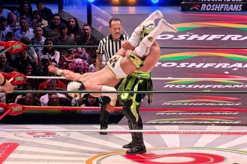 A wrestling match in a ring with a crowd watching. 5