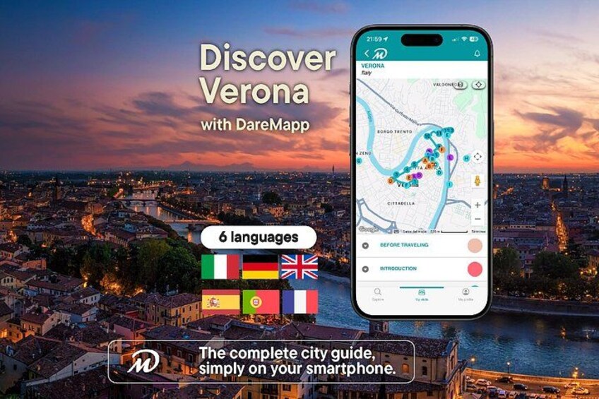 En smartphone der viser et kort over Verona med flere interessepunkter markeret. 1