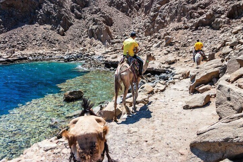 A rocky landscape with clear blue water, people riding camels, and a donkey. 3