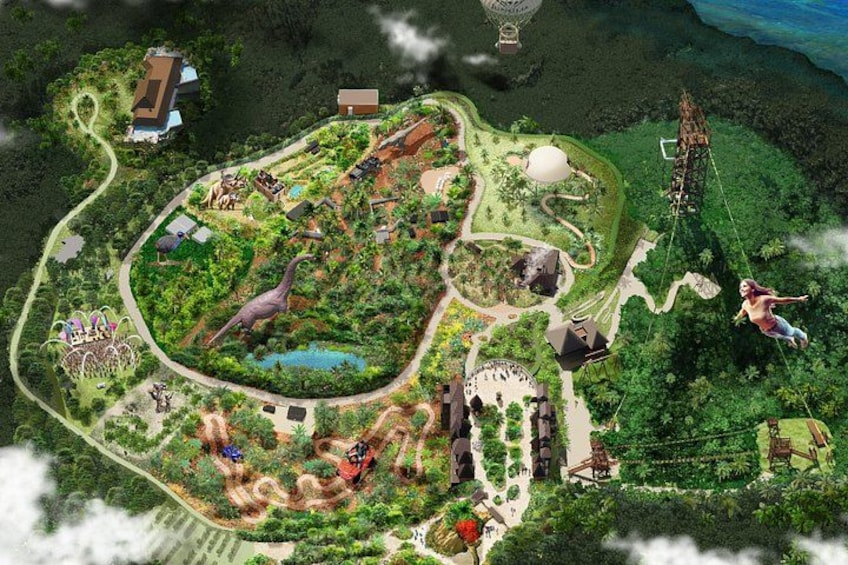 A theme park with dinosaur exhibits, a large water body, and a zip line attraction. 4
