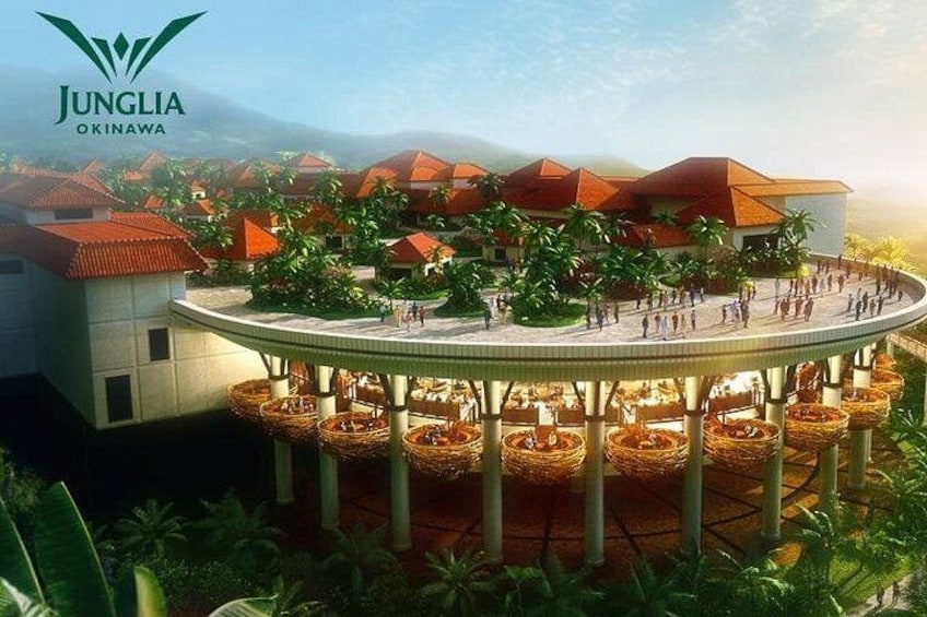 A resort with a circular building, palm trees, and a mountainous backdrop. 3