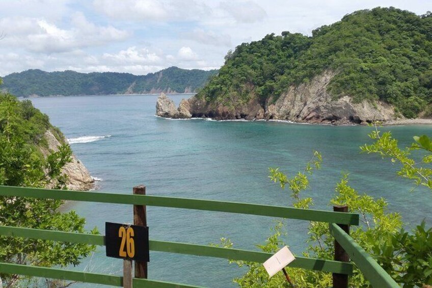 A coastal landscape with a green railing, a sign with the number 26, and a view of the sea and a forested hill. 5