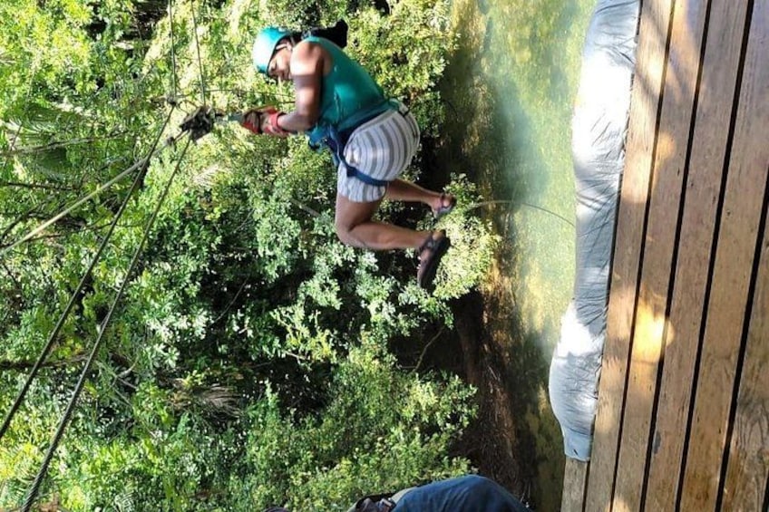 A person rappelling down a rope, surrounded by dense greenery and a wooden platform. 4