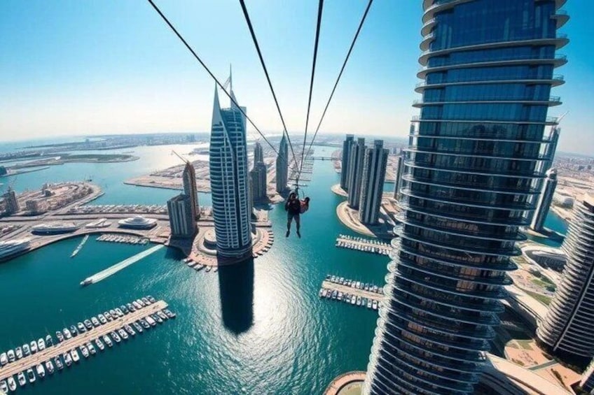 A cable car system with a person suspended between two skyscrapers over a body of water. 3