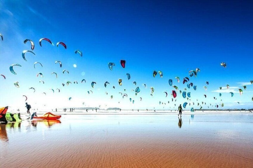 Una playa con numerosos cometas volando en el cielo. 5