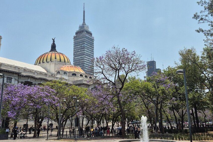 A park with trees, a fountain, and a large building with a dome. 1