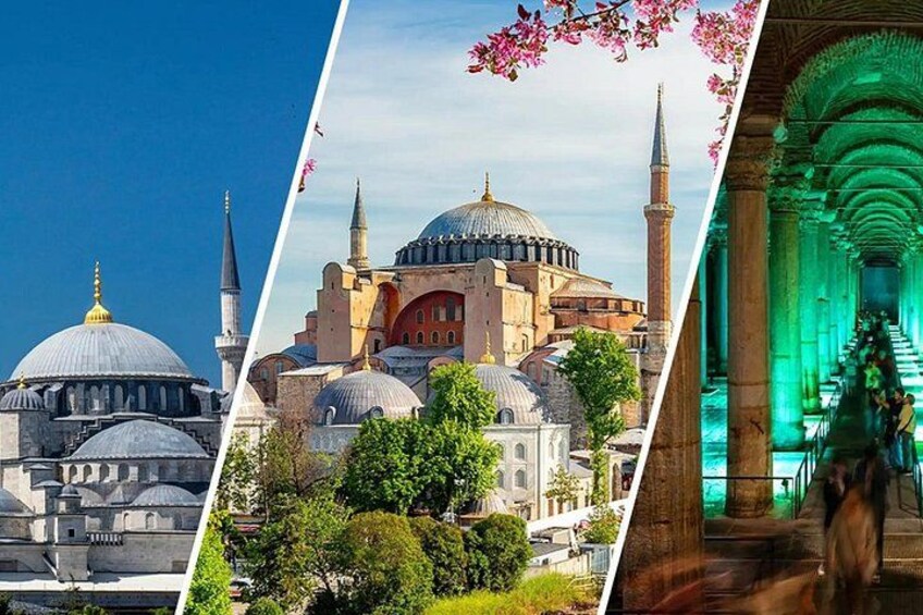A mosque with multiple domes and minarets, a tree-lined street, and a corridor with people walking. 1