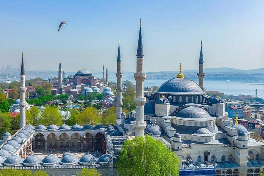 A historic cityscape with prominent domed and minaret structures, a body of water, and a bird in flight. 2