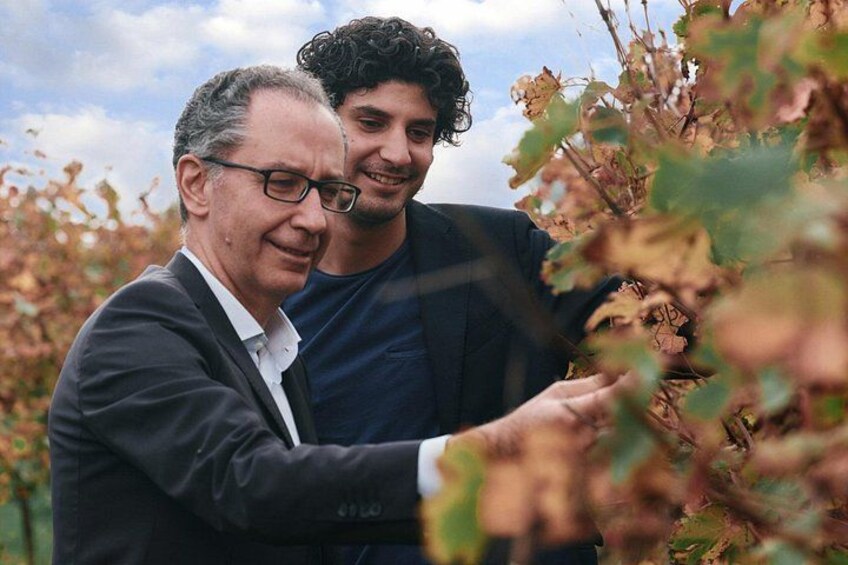 Two people examining plants in a field. 4