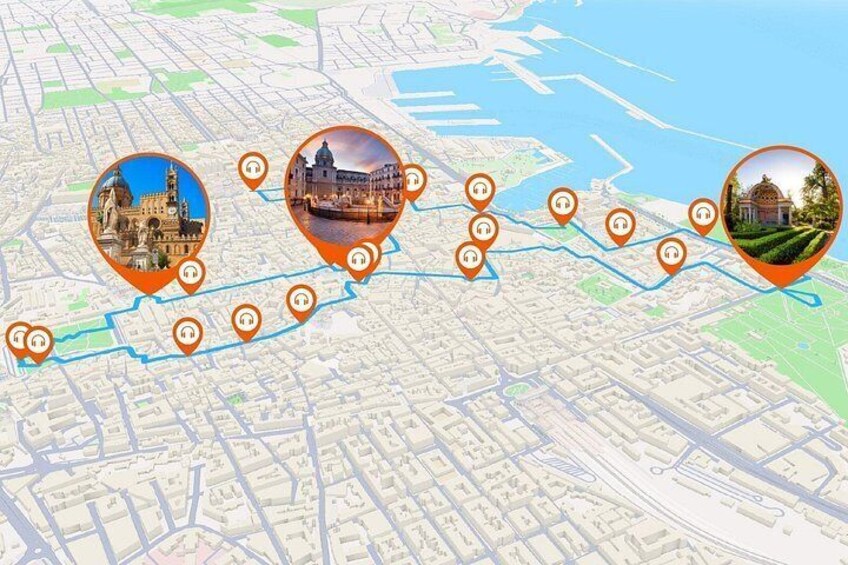 A map with marked locations and images of landmarks. 5