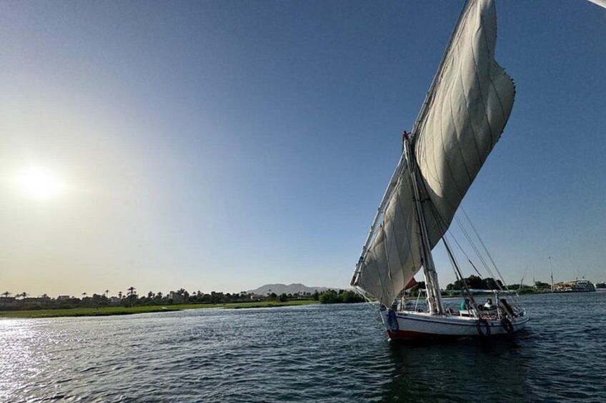 A sailboat with a white sail on calm water, a clear sky, and a distant shoreline with buildings. 5