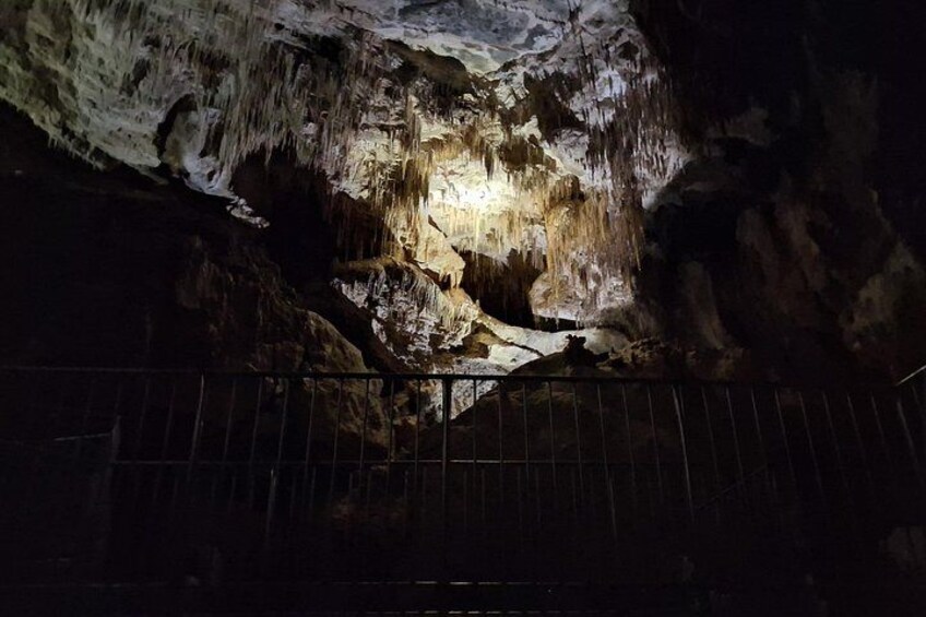 Looking at through the hand rails up to stalactites in Starburst Cathedral. 3