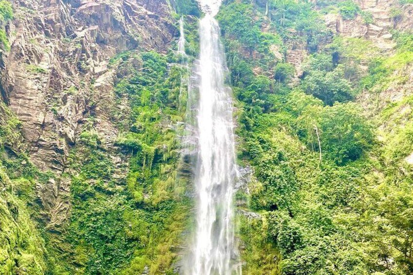 A waterfall cascading down a rocky cliff surrounded by lush greenery. 1