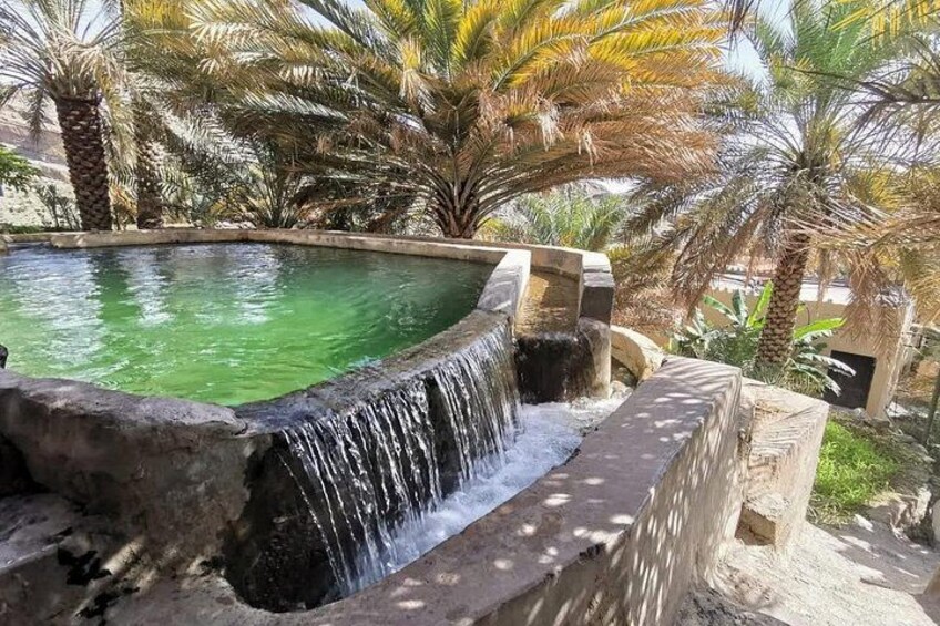 A pool with a waterfall feature surrounded by palm trees. 2