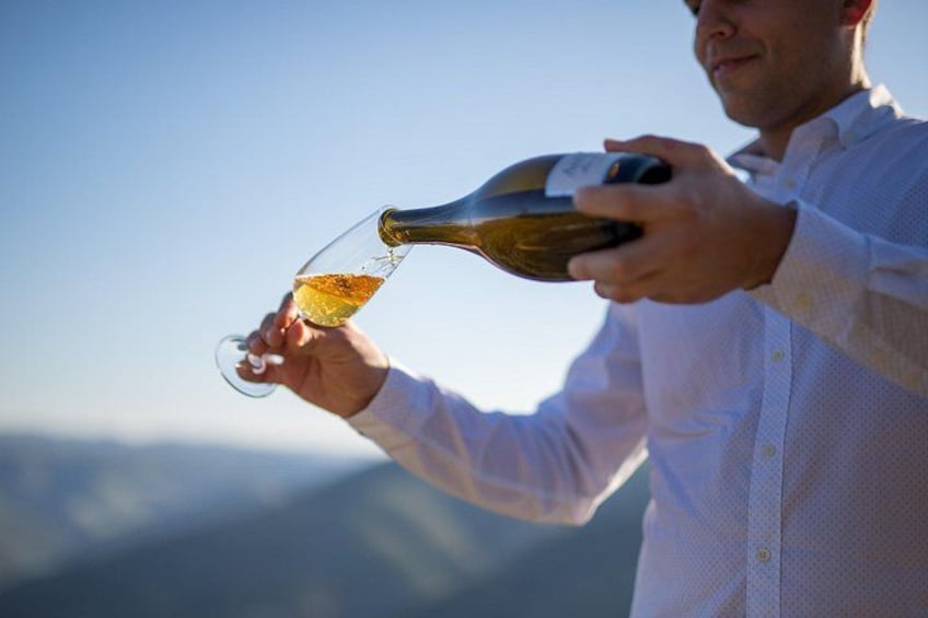 En person hælder vin op i et glas. 3