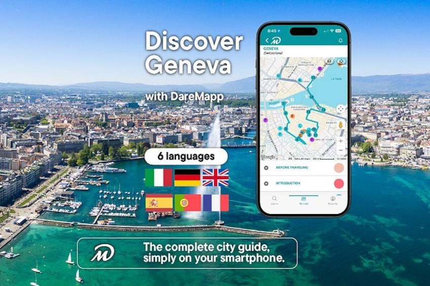 Uno smartphone mostra una mappa di Ginevra, in Svizzera, con uno sfondo urbano. 1