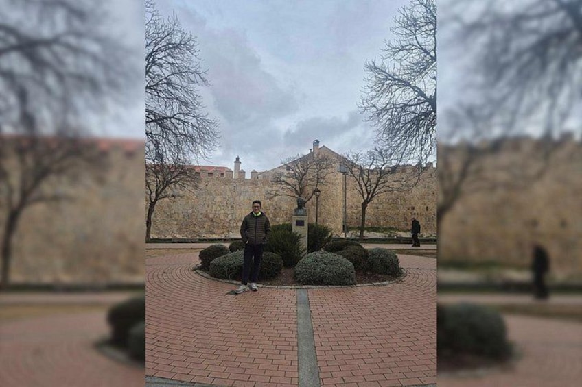 A person standing in a park with a stone wall and trees in the background. 1