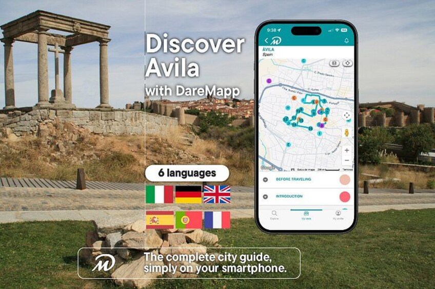 A smartphone displaying a map with the text 'Discover Avila with DareMapp' and flags of 6 languages. 1