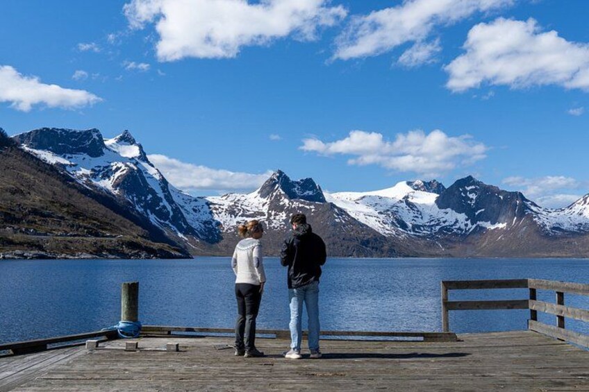 A wooden pier extending into a lake with snow-capped mountains in the background. 4