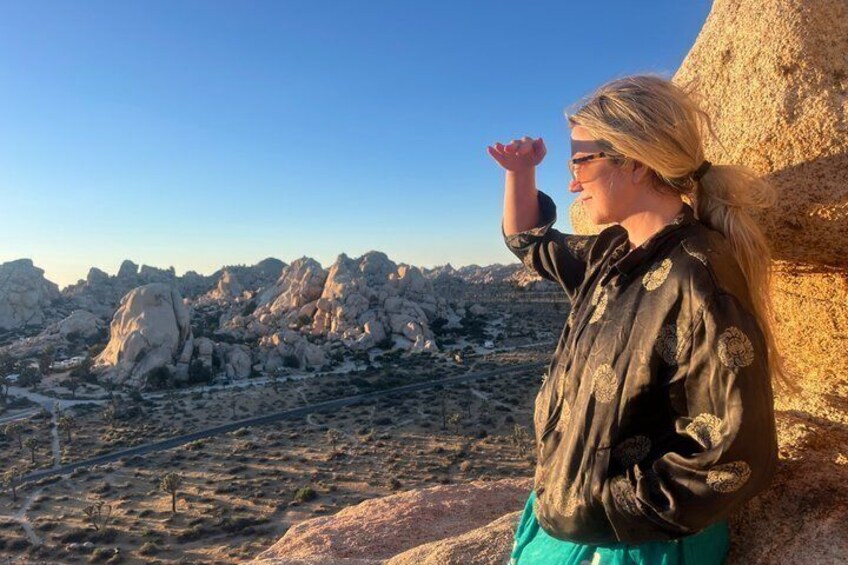 A person standing on a rocky outcrop overlooking a desert landscape with sparse vegetation and distant mountains. 1