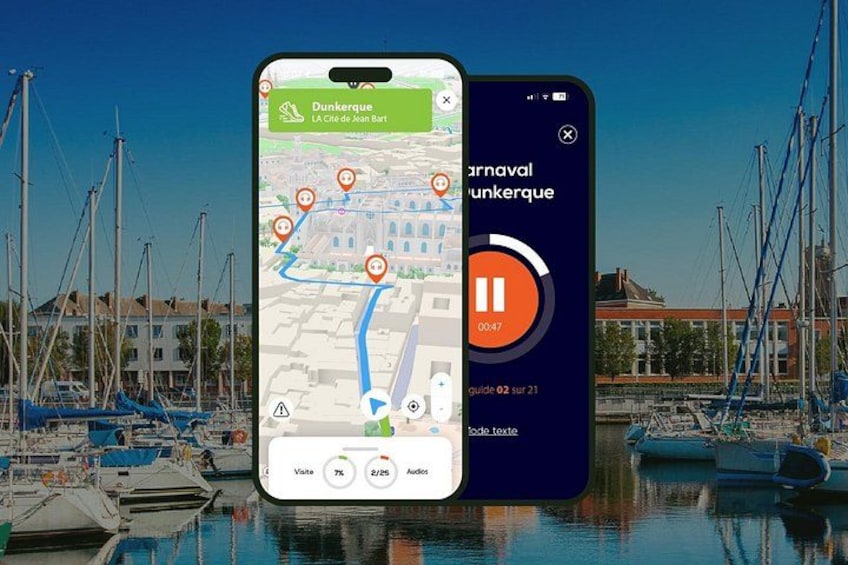 A smartphone displaying a map with a location marker, a navigation interface, and a background of a marina with boats. 1