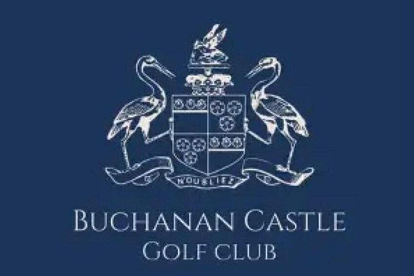 Un logotipo con un escudo que muestra dos aves y el texto 'BUCHANAN CASTLE GOLF CLUB'. 2