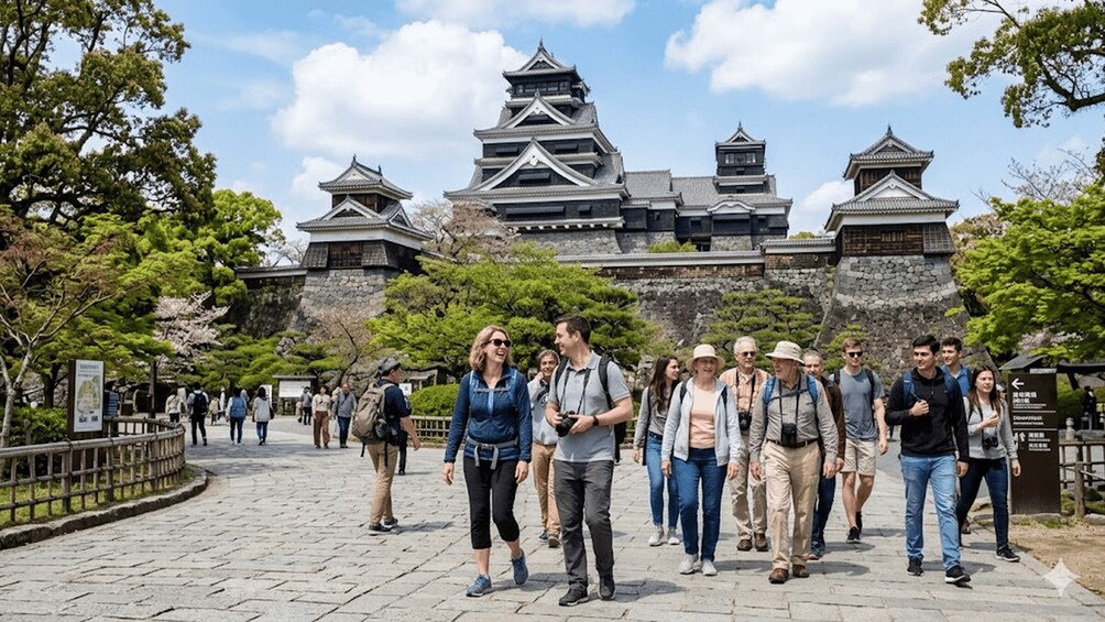 A group of people walking in front of a traditional Japanese castle with multiple towers. 1
