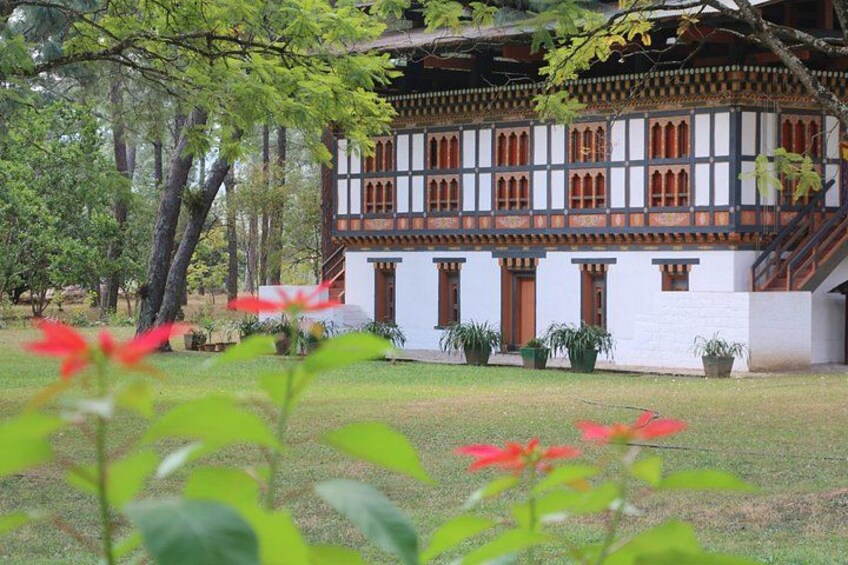 A traditional building with a white facade and dark wooden trim, surrounded by trees and potted plants. 3