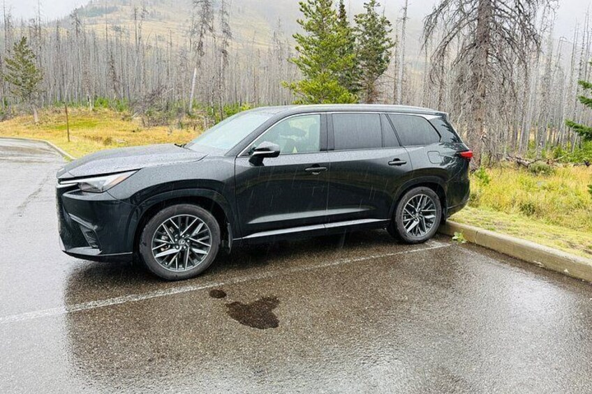 En sort SUV holder parkeret på en våd vej med skov i baggrunden. 2