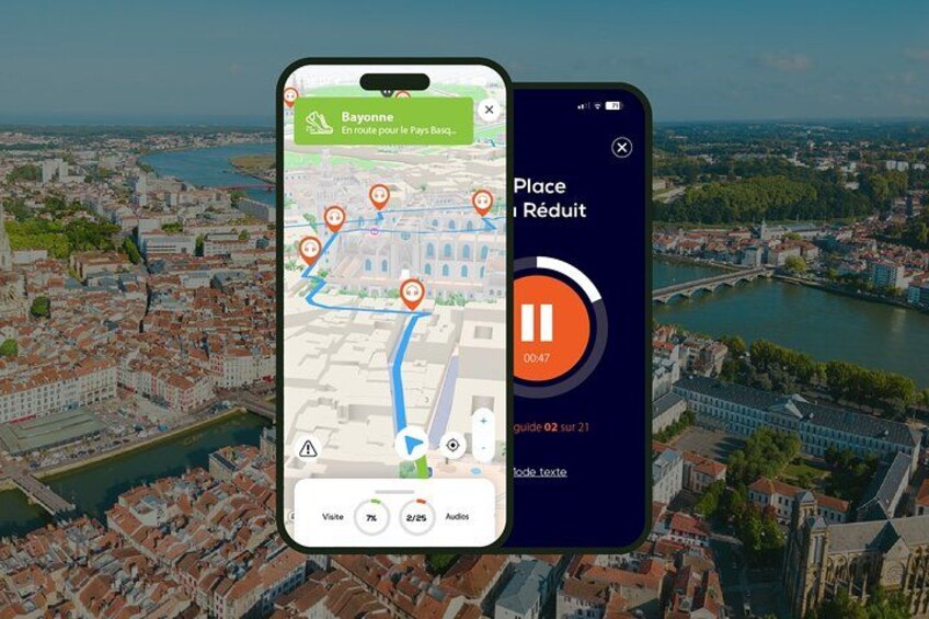 Een smartphone toont een kaart met een route aangeduid door oranje pinnen, wat een reisroute door een stad met een rivier en historische gebouwen aangeeft. 1