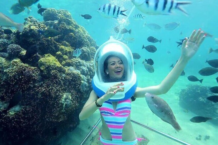 A person in a swimming pool with a snorkel and mask, surrounded by fish and coral. 2