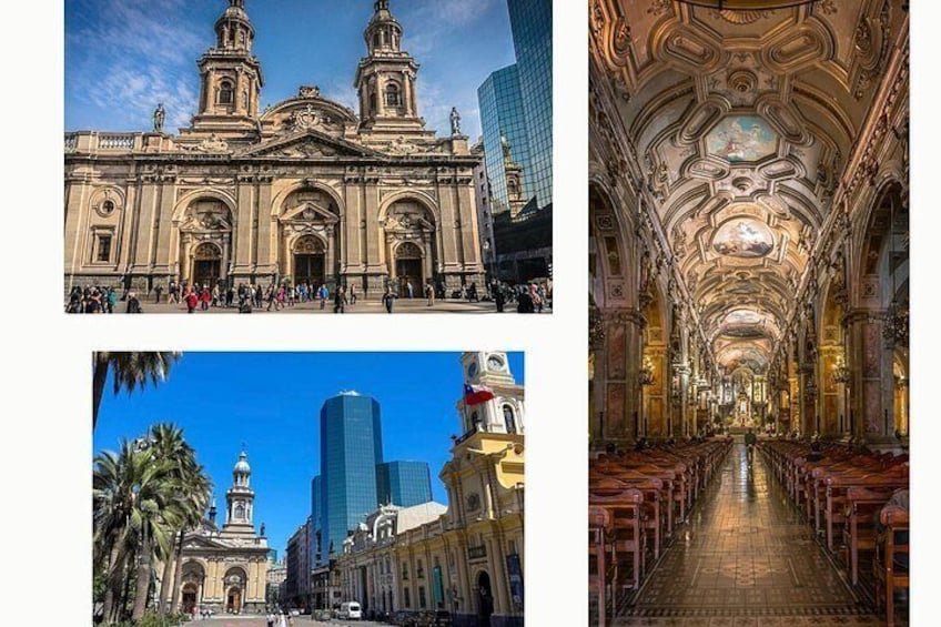 Une imposante cathédrale dotée d’un grand dôme et de deux tours, un gratte-ciel moderne en arrière-plan, et un intérieur richement décoré avec une longue nef et des rangées de bancs. 4