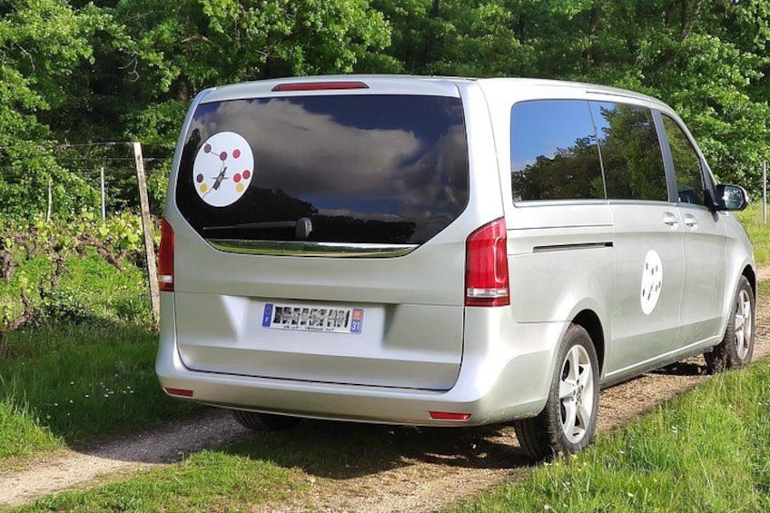 Ein silberner Minivan steht auf einem Feldweg, umgeben von viel Grün. 2
