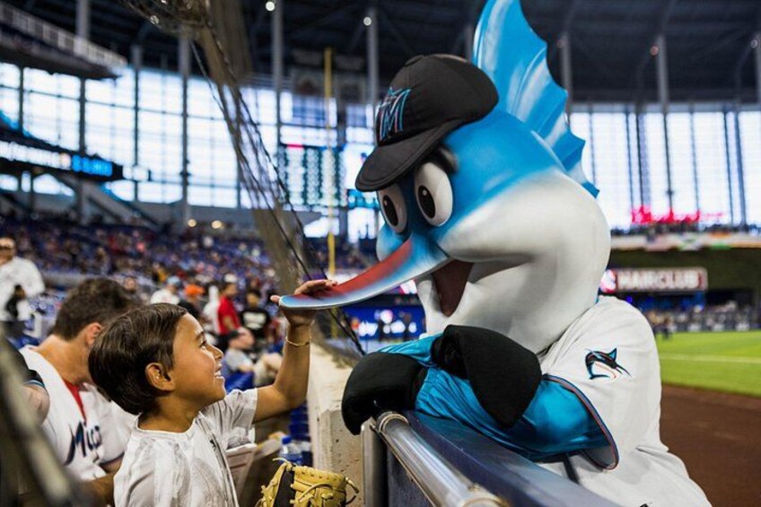 A mascot interacting with a child at a baseball stadium. 5
