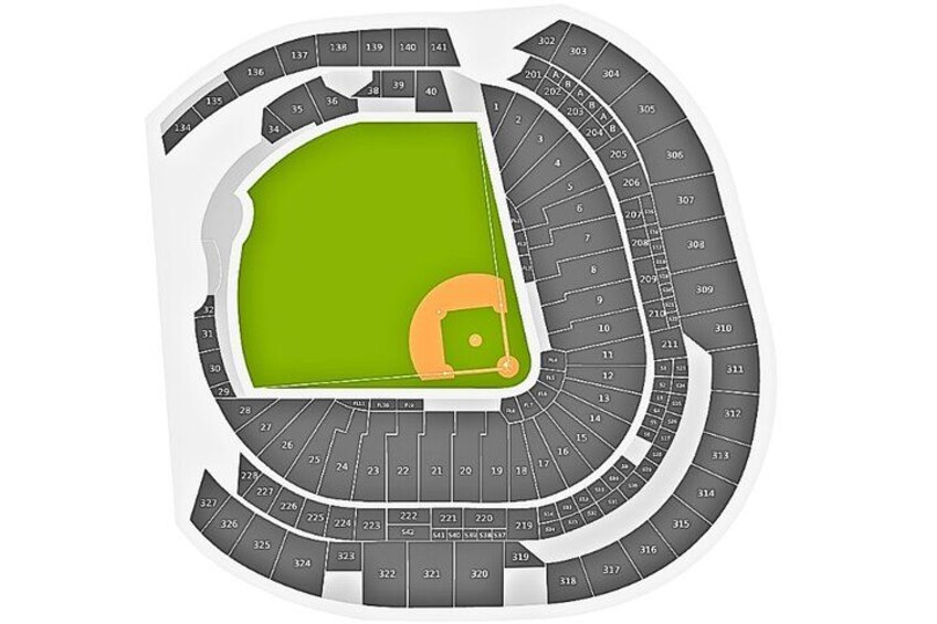 A stadium with a baseball diamond and seating sections numbered 1 to 324. 2