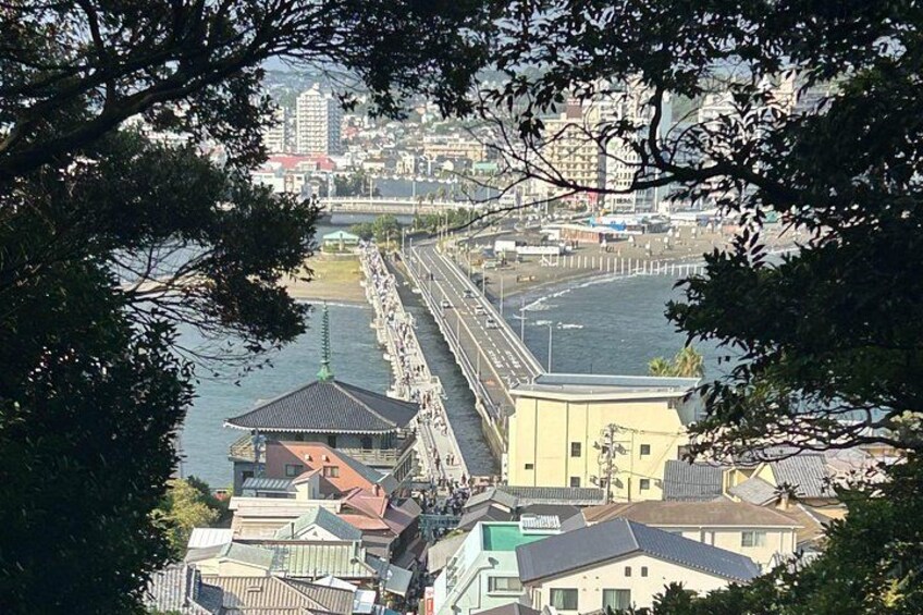 A coastal cityscape with a prominent bridge, traditional buildings, and a body of water. 3