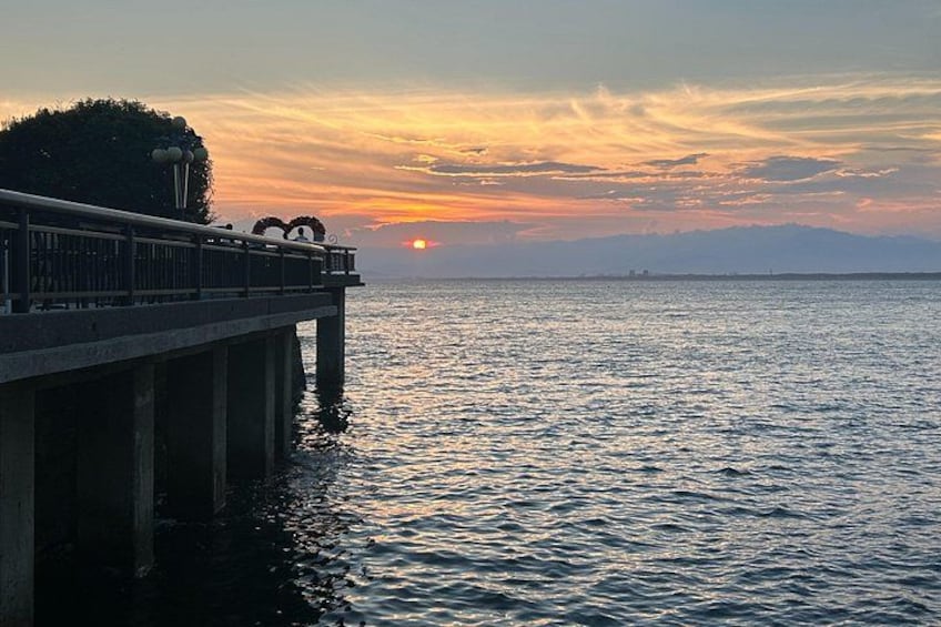 A sunset over a body of water with a pier and a tree. 2