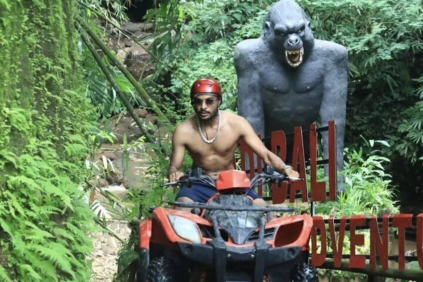 Une personne conduisant un quad dans une zone boisée, avec une grande statue de gorille en arrière-plan. 1