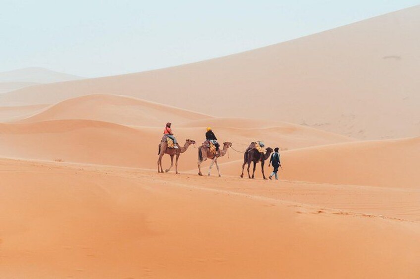 Et ørkenlandskab med sandklitter og en gruppe mennesker, der rider på kameler. 1